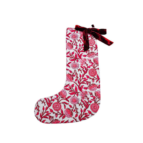 This is a multicolor holiday decorations by Inner Child called red holiday floral blockprint stocking in standard