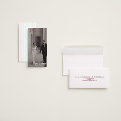 This is a berry save the date with standard by Inkblot Design called together printing on recycled smooth signature in tall