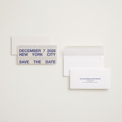 This is a cream save the date with standard by Cleghorn Creative called be there or be square - save the date printing on signature in tall