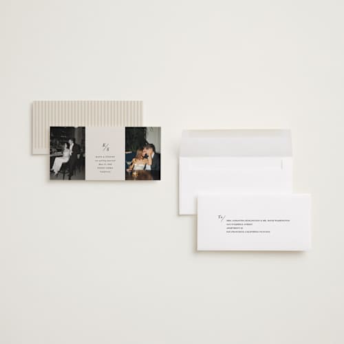 This is a dove save the date with standard by Olivia Kanaley Inman called parker printing on recycled smooth signature in tall
