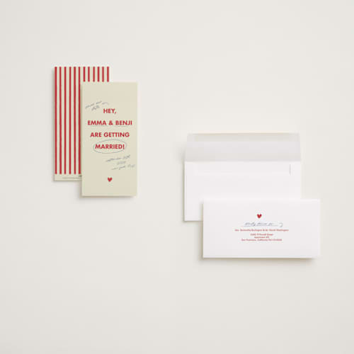 This is a latte save the date with standard by Helena Vitto called love note printing on signature in tall