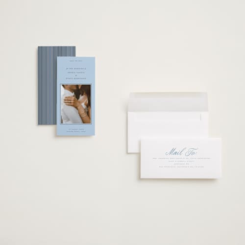 This is a sky save the date with standard by Blustery August called tarte tatin printing on recycled smooth signature in tall