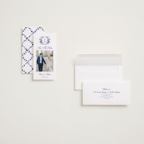 This is a plum save the date with standard by Cass Loh called blooming crest printing on recycled smooth signature in tall