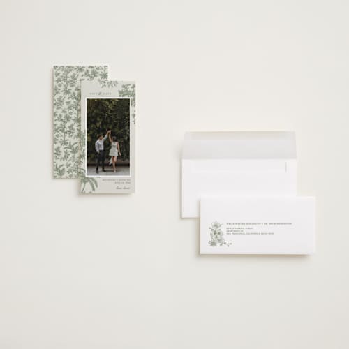 This is a jungle save the date with standard by Jenna Holcomb called vintage tropics printing on recycled smooth signature in tall
