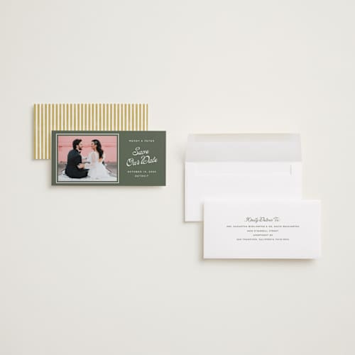 This is a garden save the date with standard by Snow and Ivy called penumbra printing on recycled smooth signature in tall