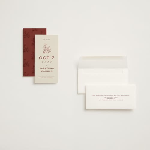 This is a rust save the date with standard by Ani Somi called rose ink printing on signature in tall