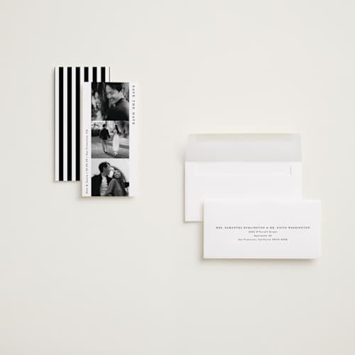 This is a tuxedo save the date with standard by Alethea and Ruth called stacked photo strip printing on recycled smooth signature in tall
