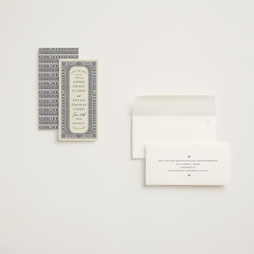 This is a blackberry save the date with standard by Katharine Watson called deco frame printing on signature in tall
