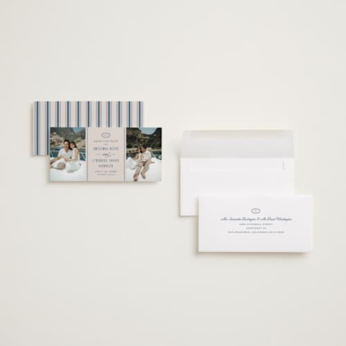 This is a lagoon save the date with standard by Snow and Ivy called palermo printing on recycled smooth signature in tall