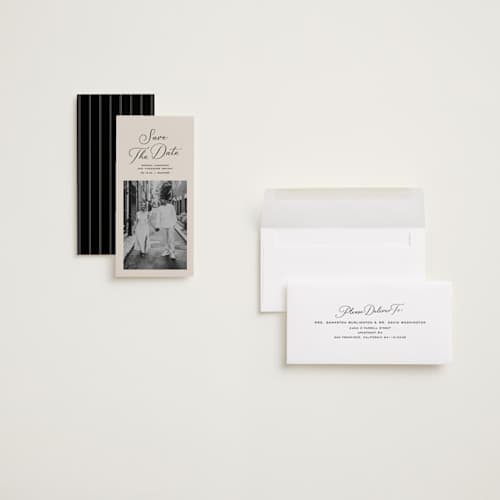 This is a vanilla save the date with standard by Lea Delaveris called dance printing on recycled smooth signature in tall