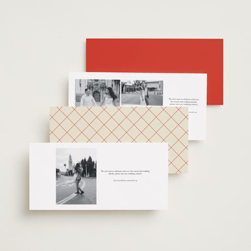 This is a pomodoro save the date with standard by Hattie and Jane called editorial moment printing on recycled smooth signature in tall