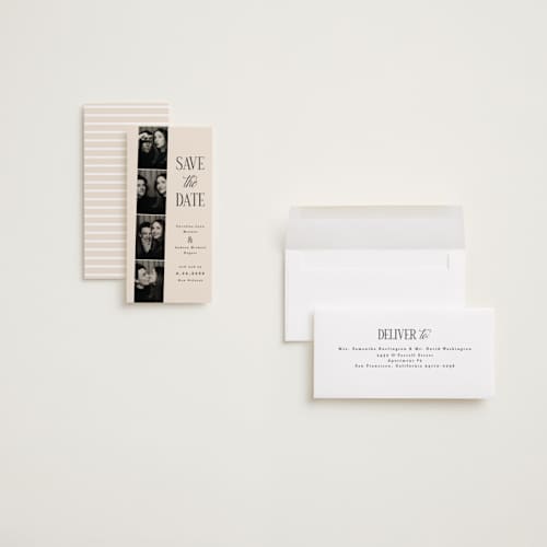 This is a linen save the date with standard by Vanessa Doyle called film roll printing on recycled smooth signature in tall