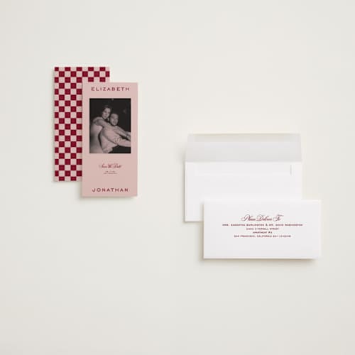 This is a scarlet save the date with standard by Creo Study called modern showcase printing on recycled smooth signature in tall