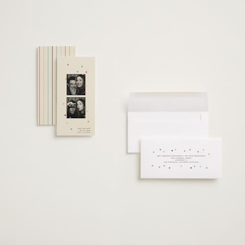 This is a cream save the date with standard by Ellen Schlegelmilch called scrapbook stars printing on recycled smooth signature in tall