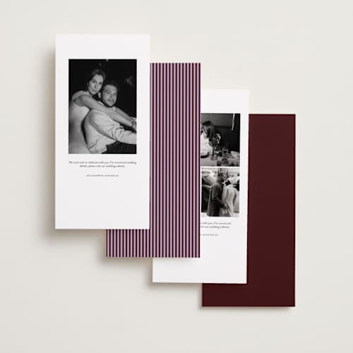 This is a plum save the date with standard by Kelly Watkins called vivienne printing on recycled smooth signature in tall