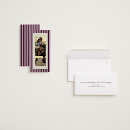 This is a plum save the date with standard by Kelly Watkins called vivienne printing on recycled smooth signature in tall