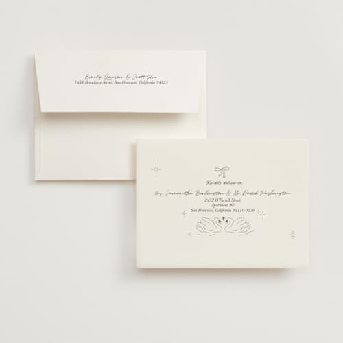 This is a buttercream wedding thank you cards with standard by Helena Vitto called the swan printing on signature in standard