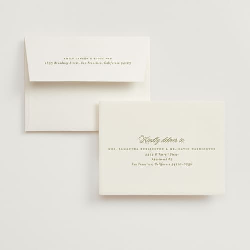 This is a olive wedding thank you cards with standard by Ellen Schlegelmilch called museo printing on recycled smooth signature in standard