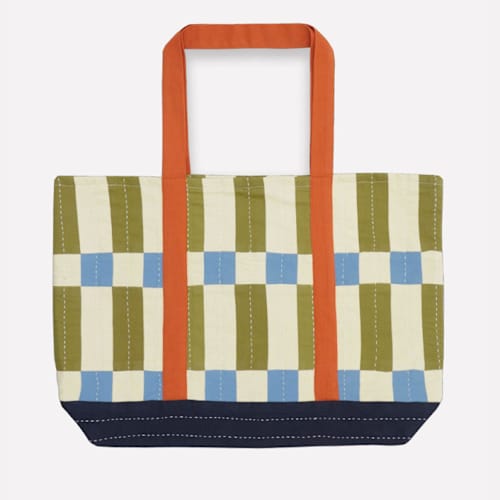 This is a multicolor back to school supplies by Anchal called tile canvas tote bag in standard