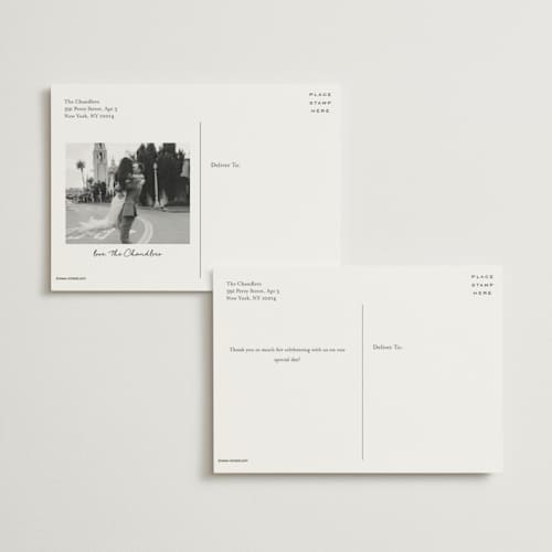 This is a dusty blue thank you postcards with standard by Jennifer Postorino called empire printing on signature in postcard