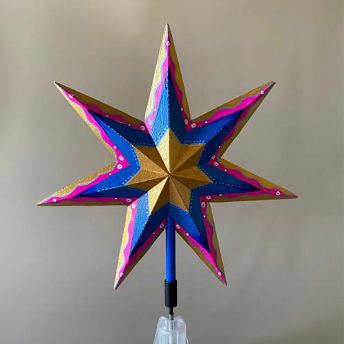 This is a multicolor holiday decorations by Emily Morris called pink and blue tree topper in standard