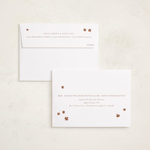 This is a snow thanksgiving cards invitations with foil pressed by Jenna Holcomb called autumnal leaves printing on recycled smooth signature in standard