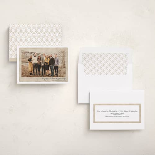 This is a parchment thanksgiving cards invitations with standard by Kaydi Bishop called deckled merrier than ever printing on recycled smooth signature in standard