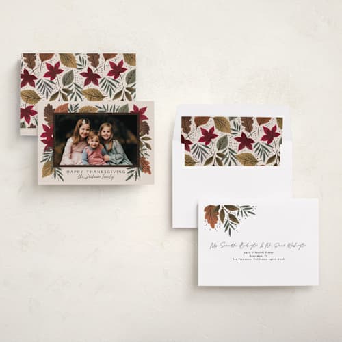 This is a cream thanksgiving cards invitations with standard by Alethea and Ruth called leafy frame printing on recycled smooth signature in standard