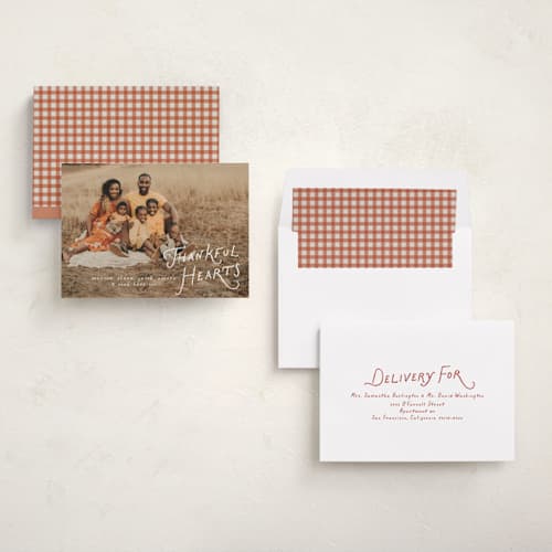 This is a powder thanksgiving cards invitations with standard by Erin L. Wilson called our thankful hearts printing on recycled smooth signature in standard