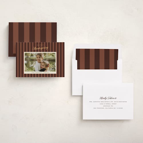 This is a apple cider thanksgiving cards invitations with standard by Ekko Studio called autumn stripes printing on recycled smooth signature in standard