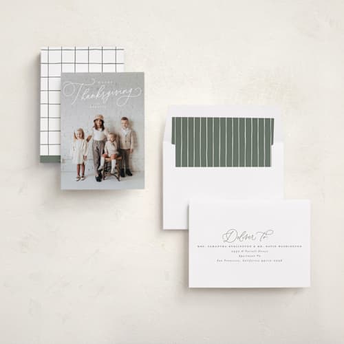 This is a snowflake thanksgiving cards invitations with standard by Everett Paper Goods called simply script printing on recycled smooth signature in standard