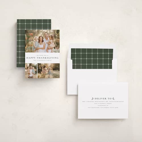 This is a pinion thanksgiving cards invitations with standard by Wildfield Paper Co called quartzite printing on recycled smooth signature in standard