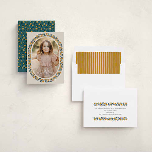 This is a golden thanksgiving cards invitations with standard by Amy Kross called stamped blooms printing on recycled smooth signature in standard