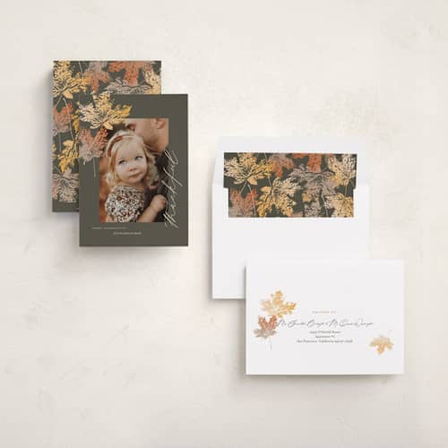 This is a ponderosa thanksgiving cards invitations with standard by Eric Clegg called falling leaves printing on recycled smooth signature in standard