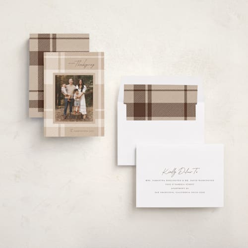 This is a kraft thanksgiving cards invitations with standard by Erin German called krafty plaid printing on recycled smooth signature in standard