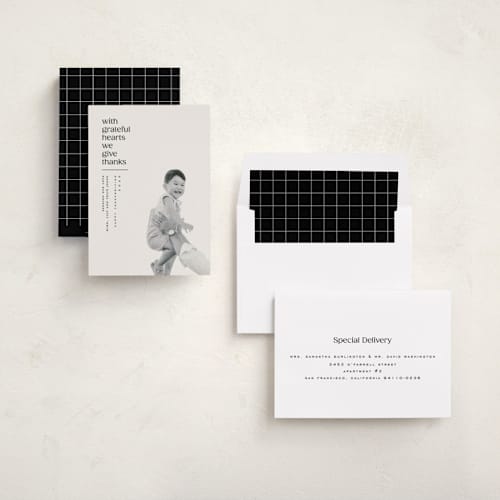 This is a cracked pepper thanksgiving cards invitations with standard by Owl and Toad called horizons printing on recycled smooth signature in standard