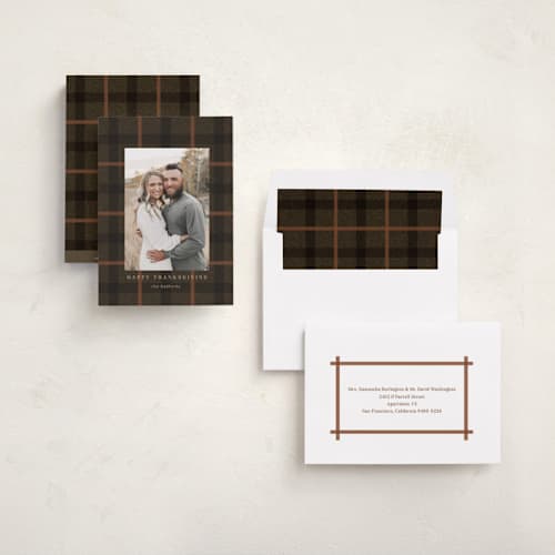 This is a cocoa thanksgiving cards invitations with standard by Baumbirdy called fall plaid printing on recycled smooth signature in standard