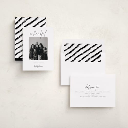 This is a noir thanksgiving cards invitations with standard by Brynne Foster called thankful ink printing on recycled smooth signature in standard