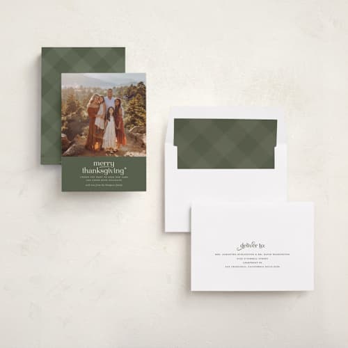This is a spruce thanksgiving cards invitations with standard by Louise Kay called merry thanksgiving printing on recycled smooth signature in standard