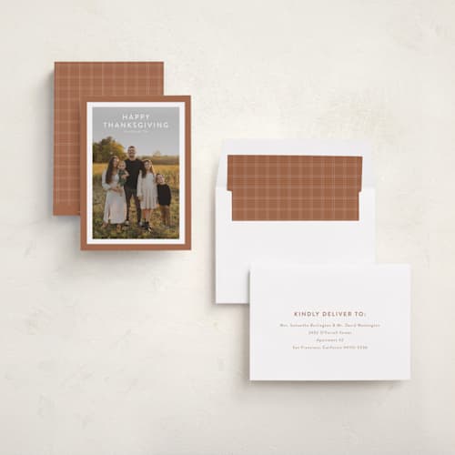 This is a teracotta thanksgiving cards invitations with standard by Stacey Meacham called bold frame printing on recycled smooth signature in standard
