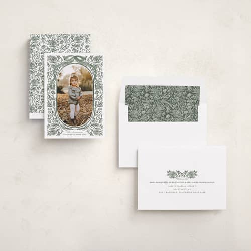 This is a sage thanksgiving cards invitations with standard by Jenna Holcomb called autumn greenery frame printing on recycled smooth signature in standard