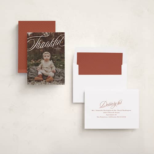 This is a marshmallow thanksgiving cards invitations with standard by Lea Delaveris called thankful printing on recycled smooth signature in standard