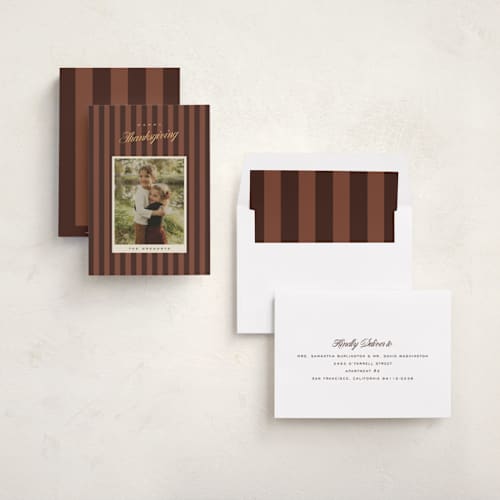 This is a apple cider thanksgiving cards invitations with standard by Ekko Studio called autumn stripes printing on recycled smooth signature in standard
