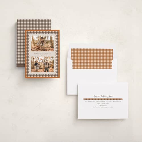 This is a cinnamon thanksgiving cards invitations with standard by Heather Schertzer called gingham printing on recycled smooth signature in standard