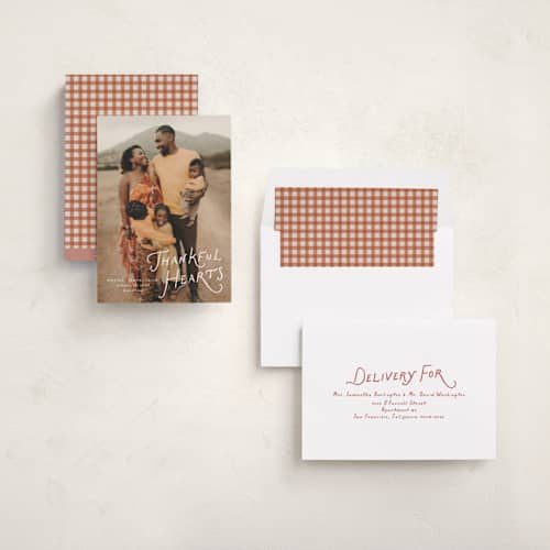 This is a powder thanksgiving cards invitations with standard by Erin L. Wilson called our thankful hearts printing on recycled smooth signature in standard