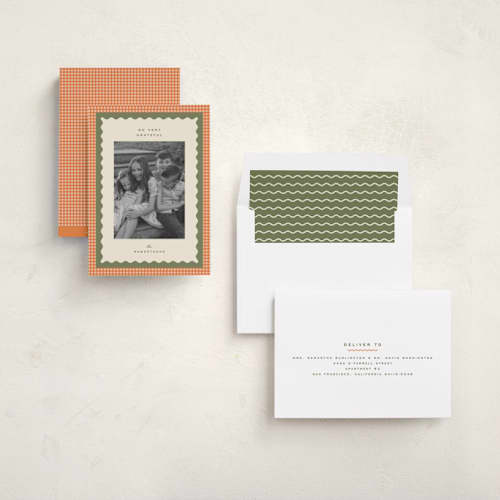 This is a olive thanksgiving cards invitations with standard by Ellen Schlegelmilch called gingham layers printing on recycled smooth signature in standard