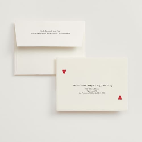 This is a champagne wedding thank you cards with standard by Helena Vitto called red hearts printing on strathmore in standard