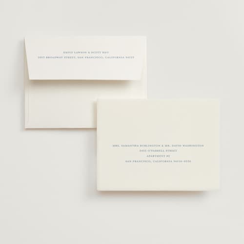 This is a provincial blue wedding thank you cards with standard by Melinda Denison called the chapel printing on strathmore in standard