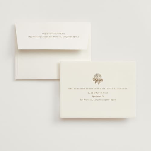 This is a cotton wedding thank you cards with foil pressed by Stacey Meacham called hydrangea bloom printing on strathmore in standard