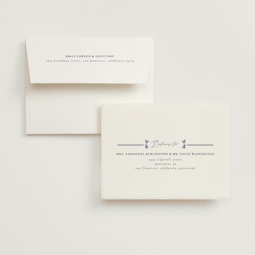 This is a dynasty blue wedding thank you cards with foil pressed by Ana de Sousa called tiled romance printing on strathmore in standard